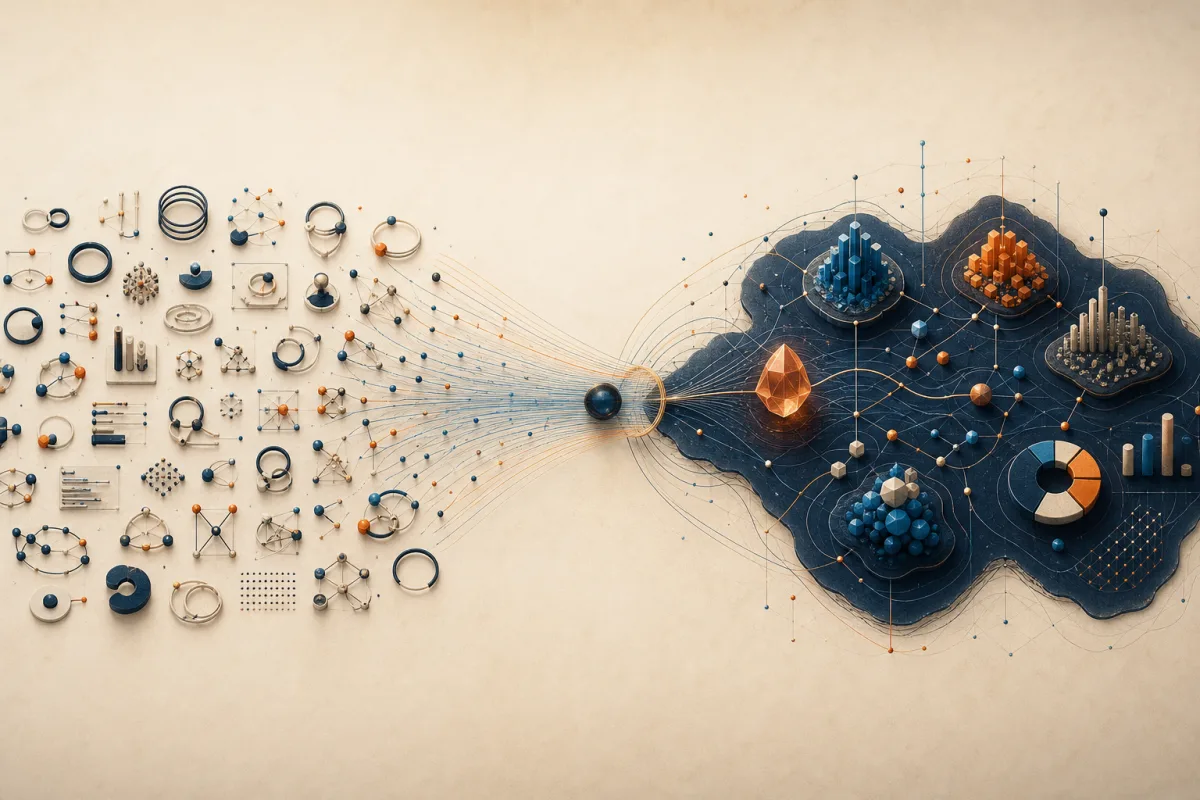 Abstract data-analysis map of AI loop patterns forming insight clusters