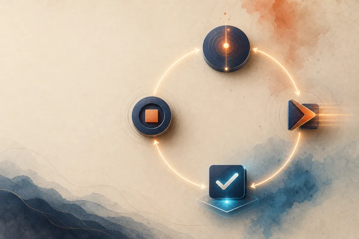 Abstract circular AI loop anatomy with checkpoints and evidence nodes